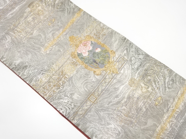 額縁に牡丹・小鳥模様織り出し袋帯